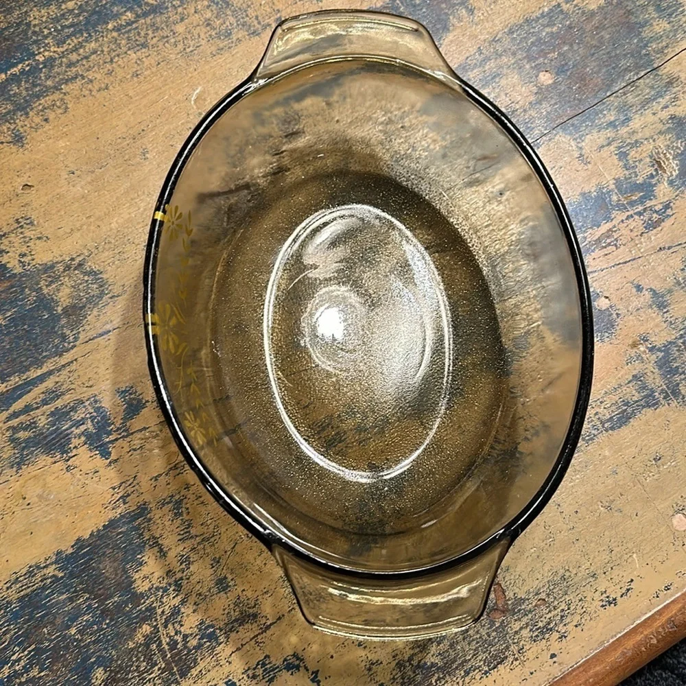 Jeannette Glasbake Loaf oval Pan Amber Yellow Daisy with Textured Bottom